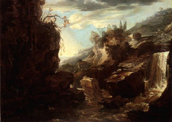 A Rocky River Landscape With Figures Climbing By A Waterfall Oil Painting by Cornelis Leonardsz Stooter