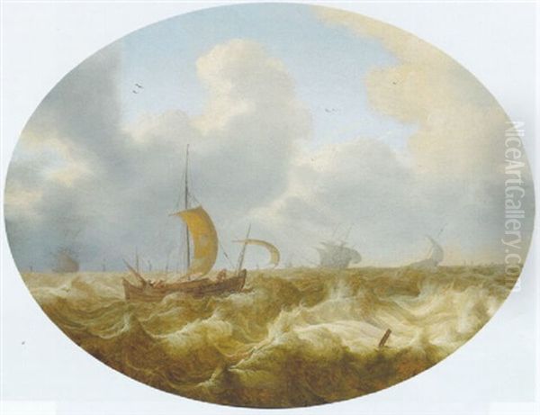 A Smalschip Running Before The Wind Offshore,other Shipping Beyond, As A Storm Approaches Oil Painting by Cornelis Leonardsz Stooter