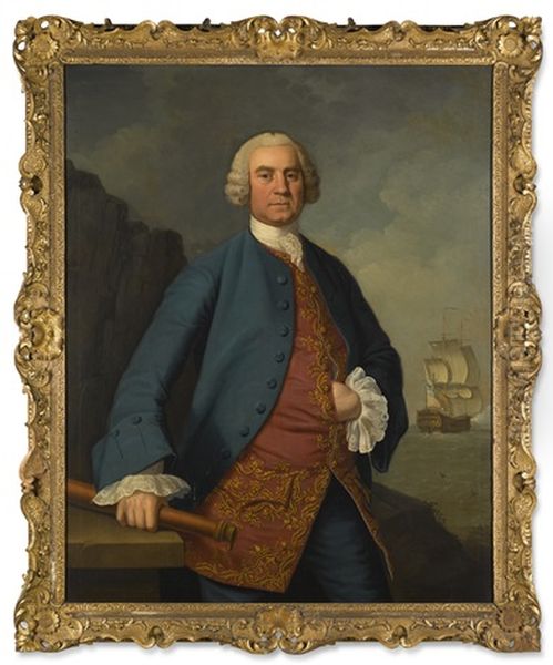 Portrait Of A Naval Captain, Traditionally Identified As George Belsches, Three-quarter-length, Standing, Wearing A Blue Coat Over An Embroidered Red Waistcoat, His Telescope In His Right Hand, A Man At War At Sea Beyond Oil Painting by Charles Stoppelaer