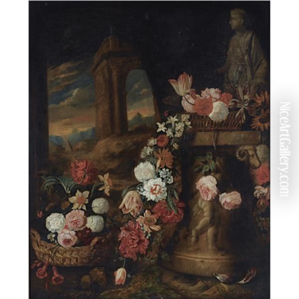 A Still Life Of Roses, Daffodils, Parrot Tulips, Snowballs And Other Flowers In Baskets And A Garland On A Sculpted Column, Near A Classical Statue Oil Painting by Charles Stoppelaer