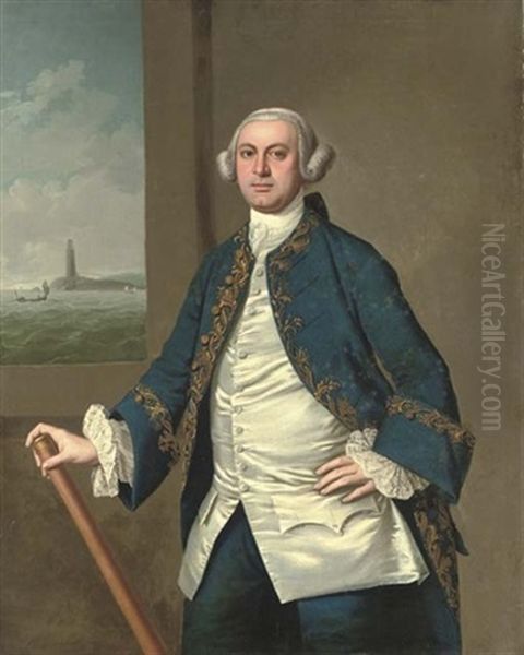 Portrait Of Admiral Sir Walter Stirling Of Faskine, Commander In Chief At The Nore, When A Naval Lieutenant, In Naval Uniform, Holding A Telescope Oil Painting by Charles Stoppelaer