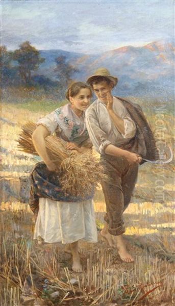 Boy And Girl In Field Oil Painting by Augusto Stoppoloni