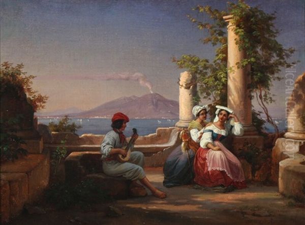 View From Naples With Young Italian Women And A Mandolin Player Oil Painting by Frederik Ludwig Storch