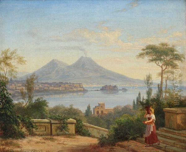 Italian Coastline With A Young Woman On A Staircase And Vesuvius In The Distance Oil Painting by Frederik Ludwig Storch