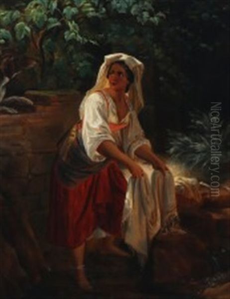 A Young Italian Lady Doing Her Laundry Oil Painting by Frederik Ludwig Storch