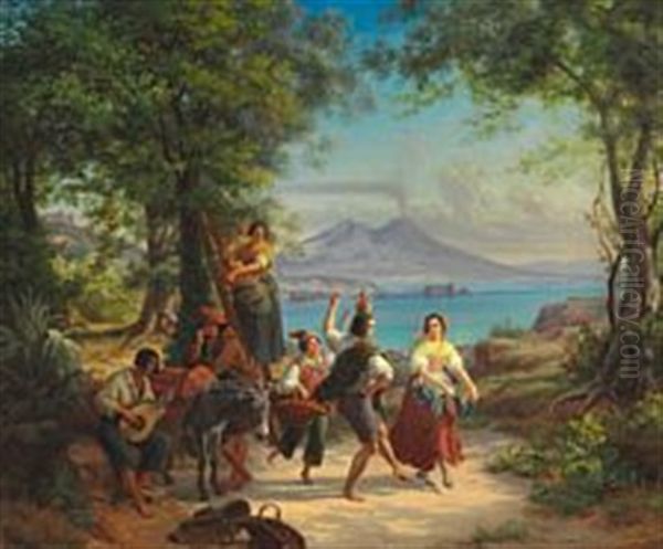 Italian Orange Pickers, Dancing And Playing Music At The Bay Of Naples Oil Painting by Frederik Ludwig Storch