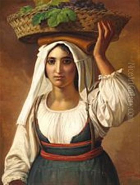 Portrait Of An Italian Woman Holding A Basket With Grapes On Her Head Oil Painting by Frederik Ludwig Storch