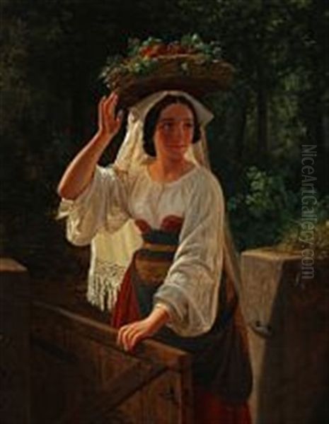 An Italian Woman Carrying A Basket Filled With Fruit Oil Painting by Frederik Ludwig Storch