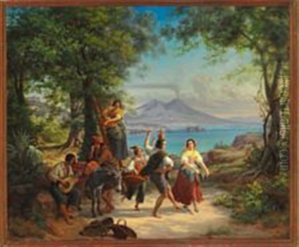 Italian Orange Pickers, Dancing And Playing Music At The Bay Of Naples Oil Painting by Frederik Ludwig Storch