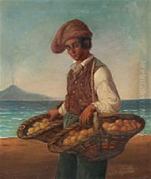 A Young Neapolitan Man Is Selling Fruit At The Beach Oil Painting by Frederik Ludwig Storch