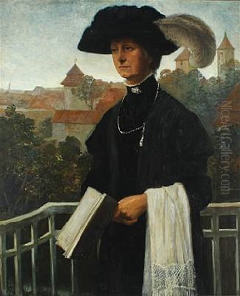 A Woman In A Black Dress And A Hat With A Feather Oil Painting by Jorgen Storch