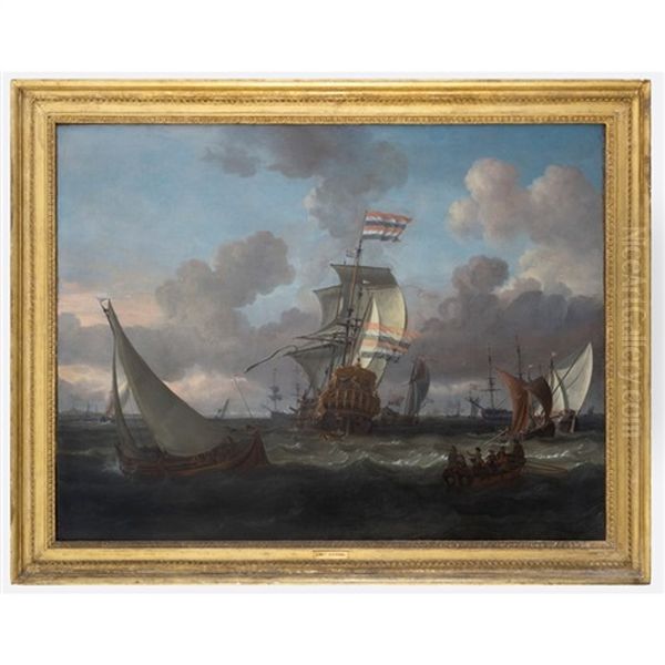 The Gouden Leeuw (golden Lion) Arriving At Her Anchorage Receiving A Salute, Off Amsterdam, Holland With Further Shipping Oil Painting by Abraham Jansz. Storck