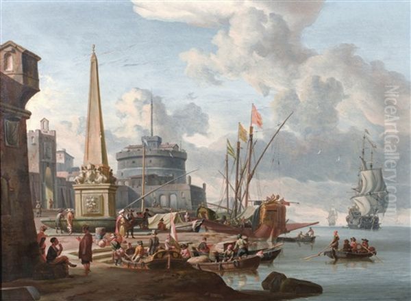 A Fortified Mediterranean Port With An Obelisk And A Galley Moored Nearby by Abraham Jansz. Storck