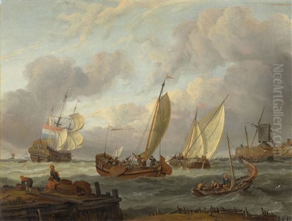 Dutch Ships At The Entrance To A Harbour Oil Painting by Abraham Jansz. Storck