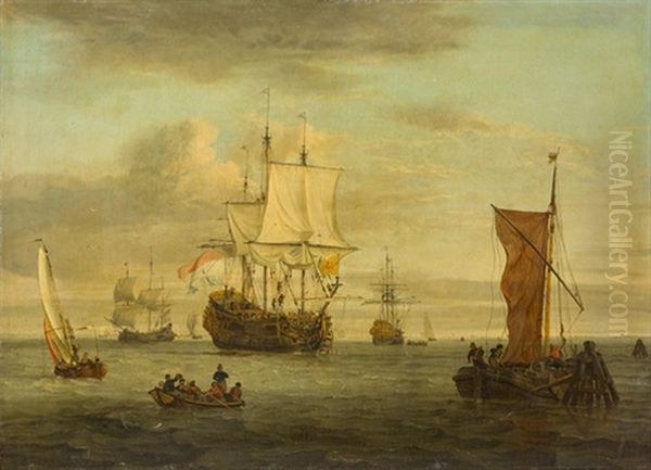 Dreimaster Mit Den Flaggen Der Niederlande Und Der Grafschaft Holland In Kustennahem Gewasser Oil Painting by Abraham Jansz. Storck