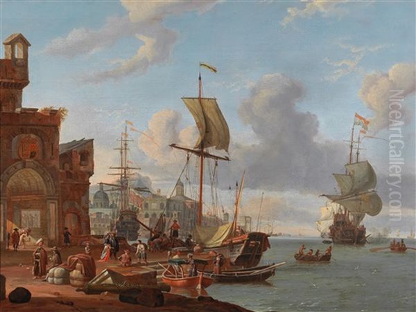 A Mediterranean Seaport With A Man-of-war And Other Ships Off The Coast With Numerous Figures Oil Painting by Abraham Jansz. Storck