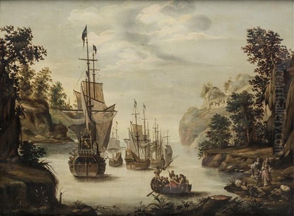 'marine Hollandaise Dans Un Fjord' Oil Painting by Abraham Jansz. Storck