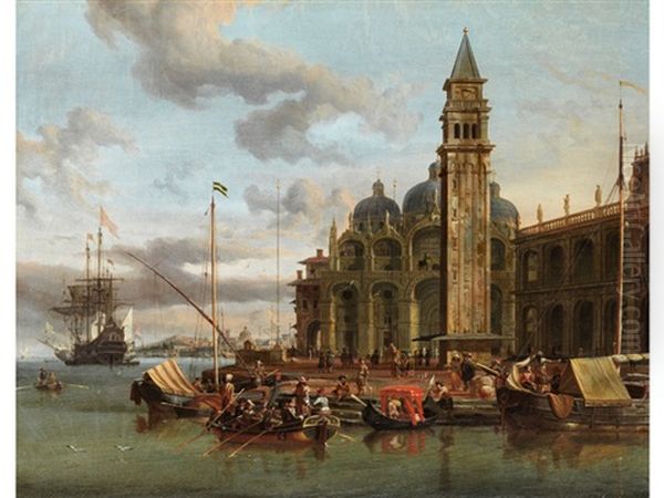 Venedig - Capriccio Mit Handelsschiffen Und Vollbesetzten Kahnen Sowie Einer Gondel Oil Painting by Abraham Jansz. Storck