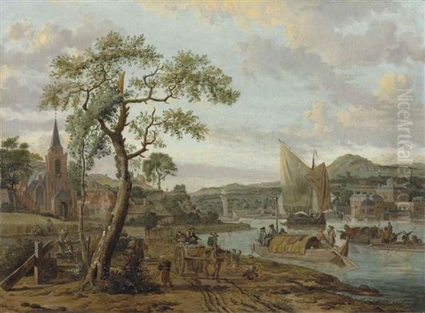 A Village River Landscape With Boats On The Water Oil Painting by Abraham Jansz. Storck