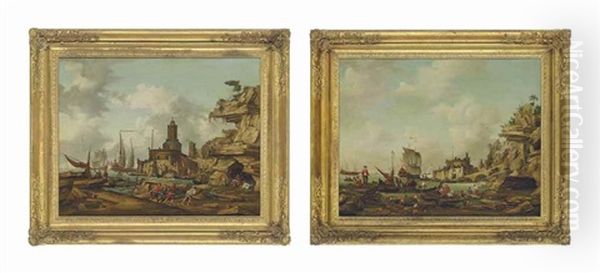 A Mediterranean Coastal Landscape With English Men-of-war And Figures Loading Boats, A Fortress Beyond; And A Mediterranean Coastal Landscape With A Dutch Man-of-war And Figures In Oriental Costume Resting Or Fishing (pair) Oil Painting by Abraham Jansz. Storck