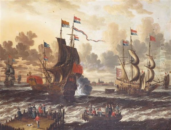 Warships Off The Dutch Coast Oil Painting by Abraham Jansz. Storck