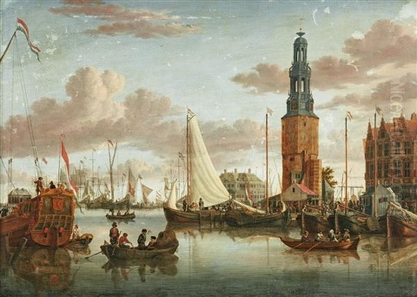 A View Of The Singel, Amsterdam Looking Towards The Northeast, With The Haringpakkerstoren And 's Lands Zeemagazijn Oil Painting by Jacobus Storck