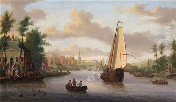 A View Of Nieuwersluis On The River Vecht, With The Church Of Loenen Aan De Vecht In The Distance Oil Painting by Jacobus Storck