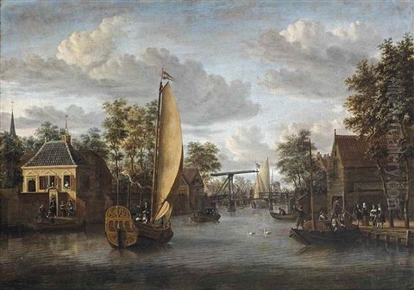 A View Of The River Oude Rijn In Alphen Aan Den Rijn, With An Elegant Company In A Yacht And Other Figures Strolling Along The River And On Boats Oil Painting by Jacobus Storck