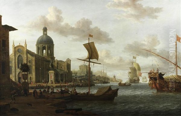 A Mediterranean Capriccio Harbour Scene Oil Painting by Jacobus Storck