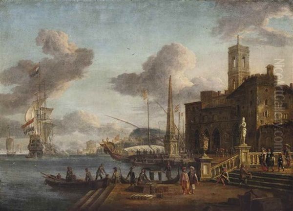 A Mediterranean Harbour Scene With Figures In Oriental Dress, Shipping Beyond by Jacobus Storck