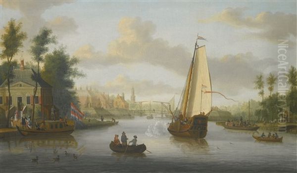 A View Of Nieuwersluis On The River Vecht, With The Church Of Loenen Aan De Vecht In The Distance Oil Painting by Jacobus Storck