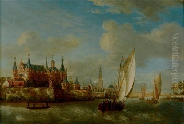 Paysage De Riviere Avec Un Chateau Sur La Gauche Et Des Navires Hollandais Quittant Le Port Oil Painting by Jacobus Storck