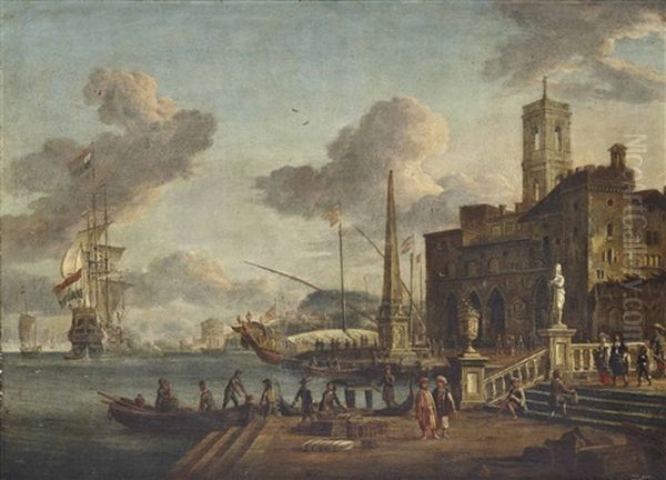 A Mediterranean Harbour Scene With Figures In Oriental Dress, Shipping Beyond Oil Painting by Jacobus Storck