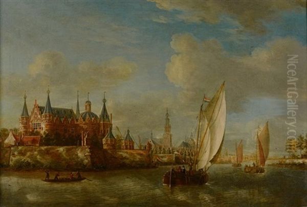 Paysage De Riviere Avec Un Chateau Sur La Gauche Et Des Navires Hollandais Quittant Le Port Oil Painting by Jacobus Storck