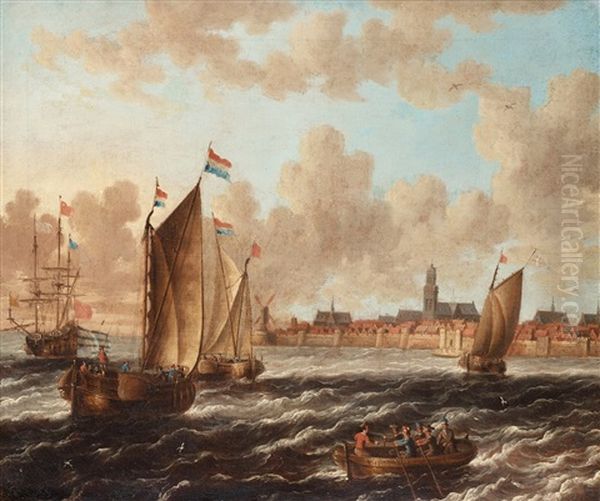 Dutch Ships Outside A City With Wall Oil Painting by Jacobus Storck