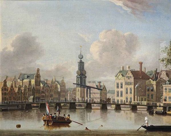 A View Of The Munt, Amsterdam With Figures In Boats And Swimming In The Canal Oil Painting by Jacobus Storck