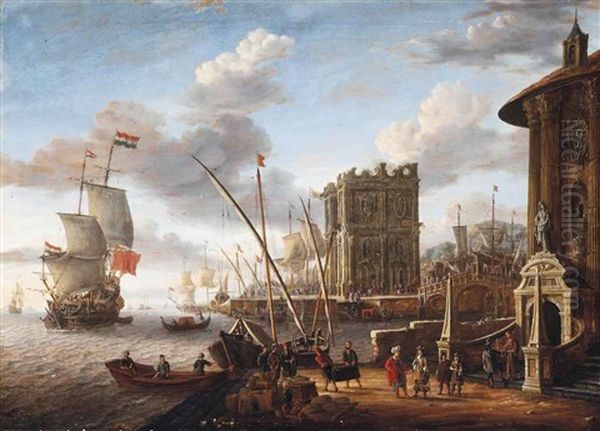 A Capriccio Of A Mediterranean Harbour With The Temple Of Vesta And A Triumphal Arch Oil Painting by Jacobus Storck