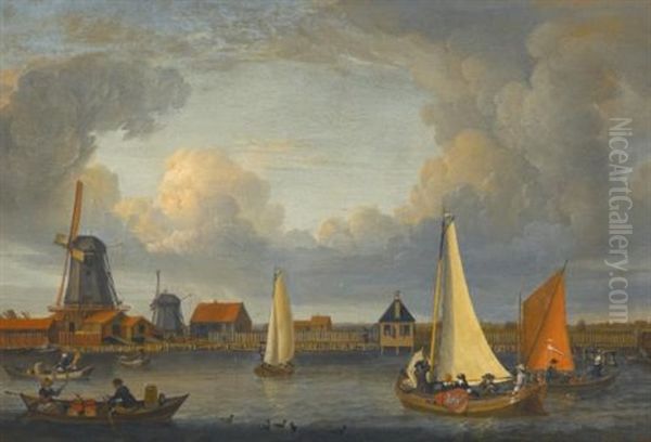 A River Landscape With Fishermen In Rowing Boats, Windmills Beyond Oil Painting by Jacobus Storck