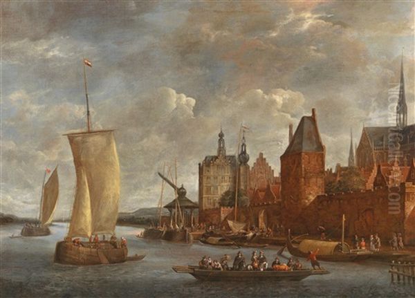 A View Of Bonn With A Ferryboat And Sailing Ships On The Rhine Oil Painting by Johannes Storck