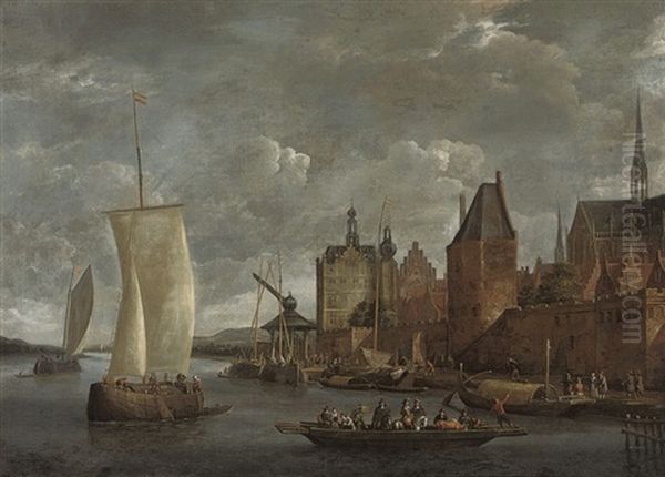 A River Landscape With Travellers On A Ferry Boat And Other Shipping By A Quayside Oil Painting by Johannes Storck