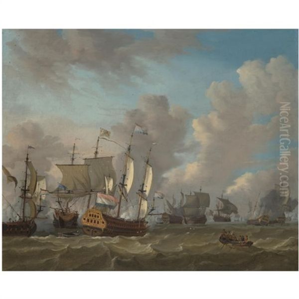 Dutch Ships In A Naval Skirmish Oil Painting by Johannes Storck