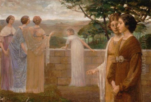 Ladies Standing On A Terrace Above An Extensive Landscape Oil Painting by Jorgen Storck