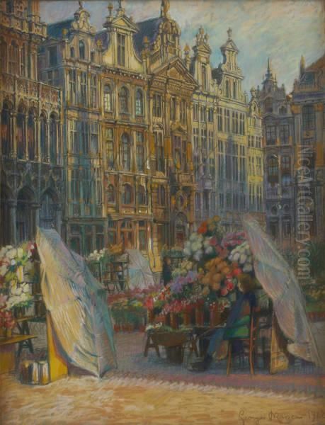 Marche Aux Fleurs A La Grandplace Oil Painting by Georges Brasseur