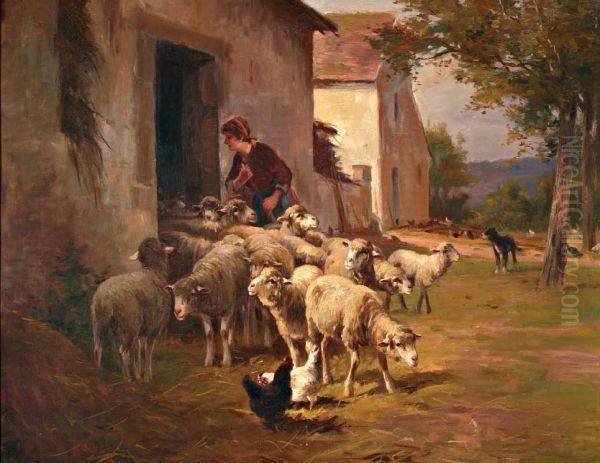 Boerin Met Schapen Bij De Stal Oil Painting by Georges Brasseur