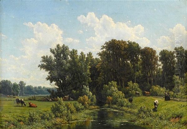 Cows In A Meadow Oil Painting by Jacob Jan Julius Storm van 's Gravensande