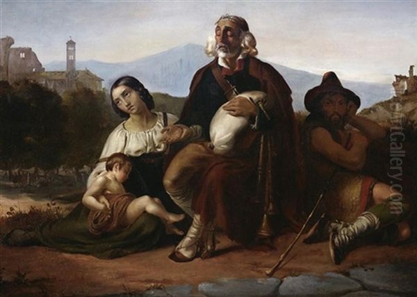 Musikantenfamilie In Der Camagna Romana. Im Hintergrund Die Castelli Romani(?) Oil Painting by Julius Storms