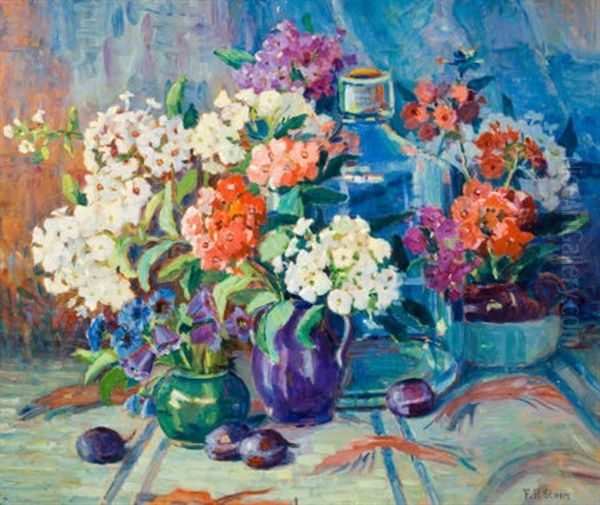 Still Life With Flowers, Vases And Plums Oil Painting by Frances Hudson Storrs