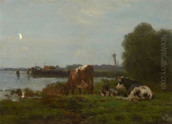 Vaches Dans Un Pre Au Clair De Lune Oil Painting by Pieter Stortenbeker