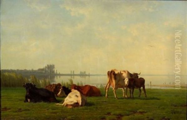 Pasture With Cattle By A Quiet Inlet Oil Painting by Pieter Stortenbeker