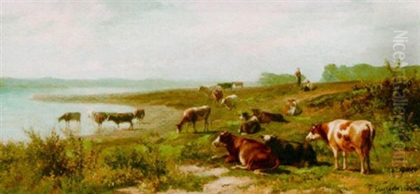 Cows In A Landscape Oil Painting by Pieter Stortenbeker